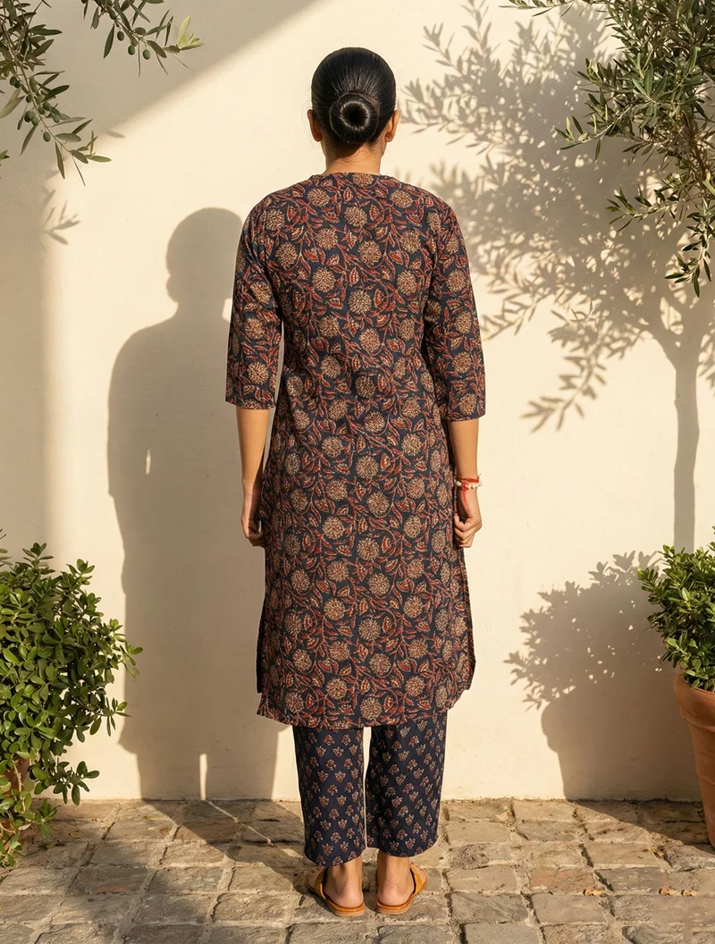 ترو برونز trueBrowns Blue Floral Print Embroidered V-Neck Kurta Pant Dupatta Set